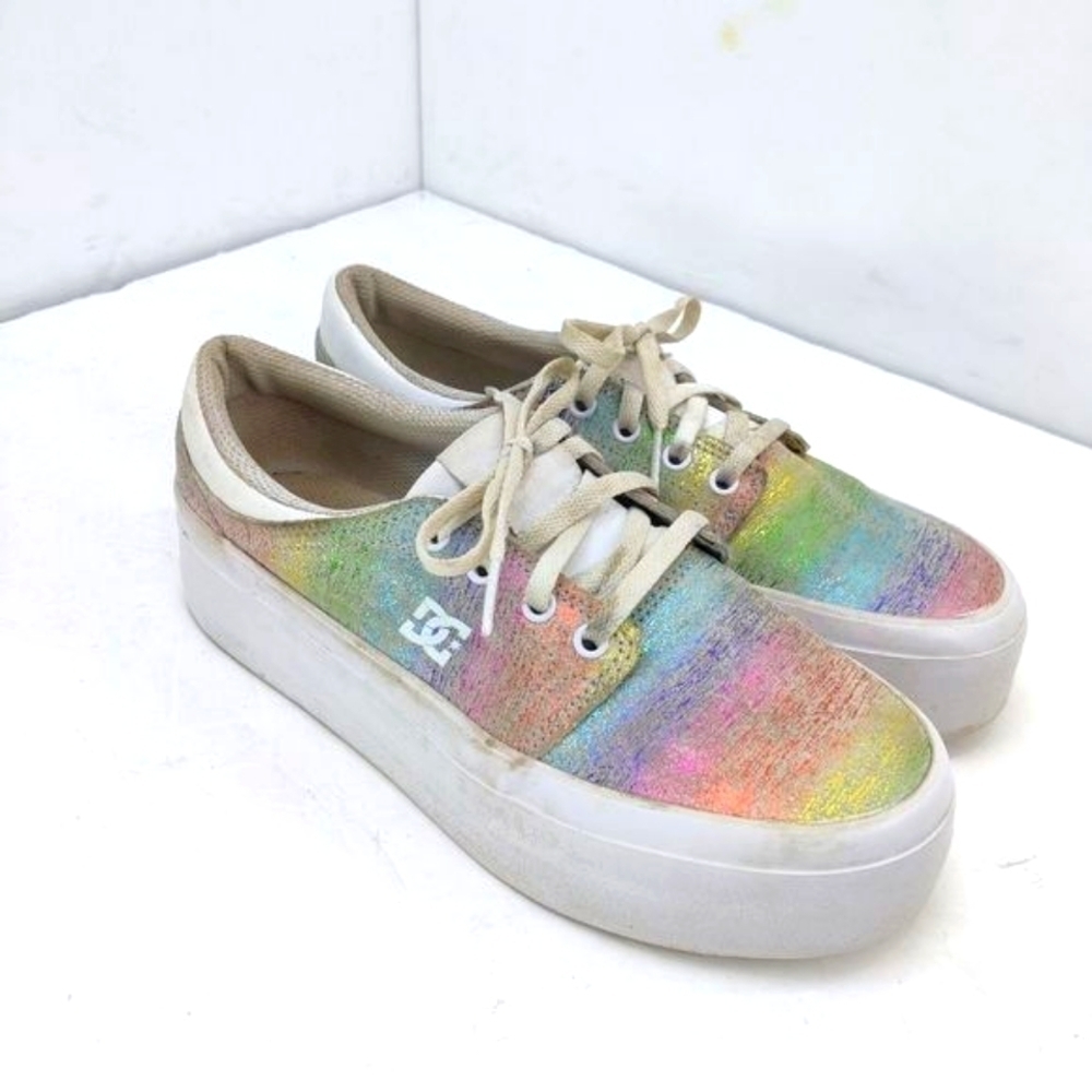 DC Platform Leather Sneaker Skate Shoe Iridescent Rainbow White Sz 8 Women Trase